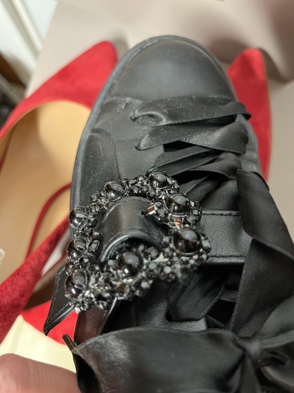 2 pairs Franco Sarto Red Suede Pumps/ 
Black Embellished Satin-Laced Sneakers